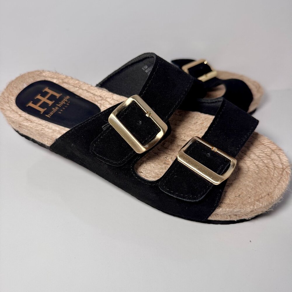Haute Hippie Size 8.5 Nikki Suede Sandals with Double Strap, Woven Slide